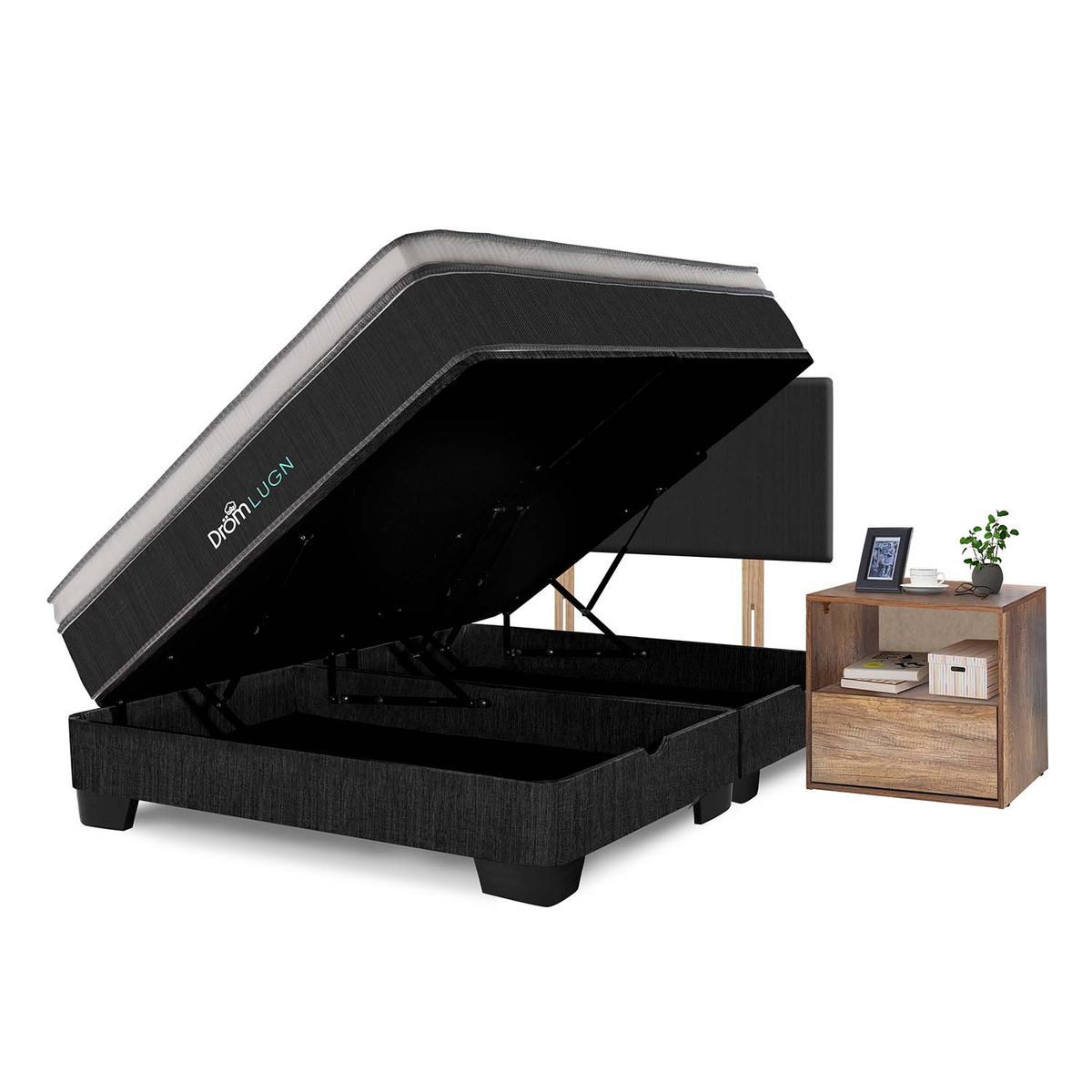 DROM - Dormitorio Boxet Lugn Queen + 2 Veladores + 2 Almohadas y Protector