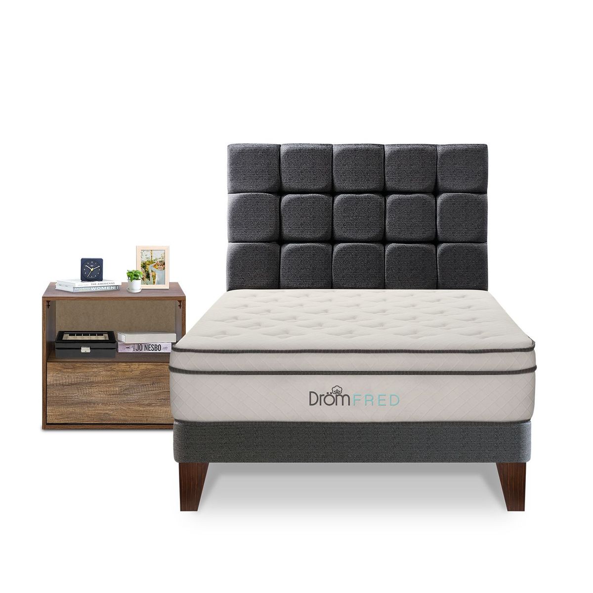 DROM - Dormitorio Europeo Fred 15 Plz + 1 Velador + 1 Almohada Viscoelástica + Protector