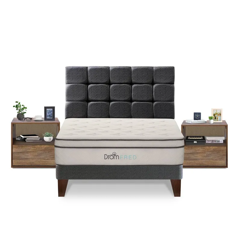 DROM - Dormitorio Europeo Fred King + 2 Veladores + 2 Almohadas Viscoelásticas + Protector