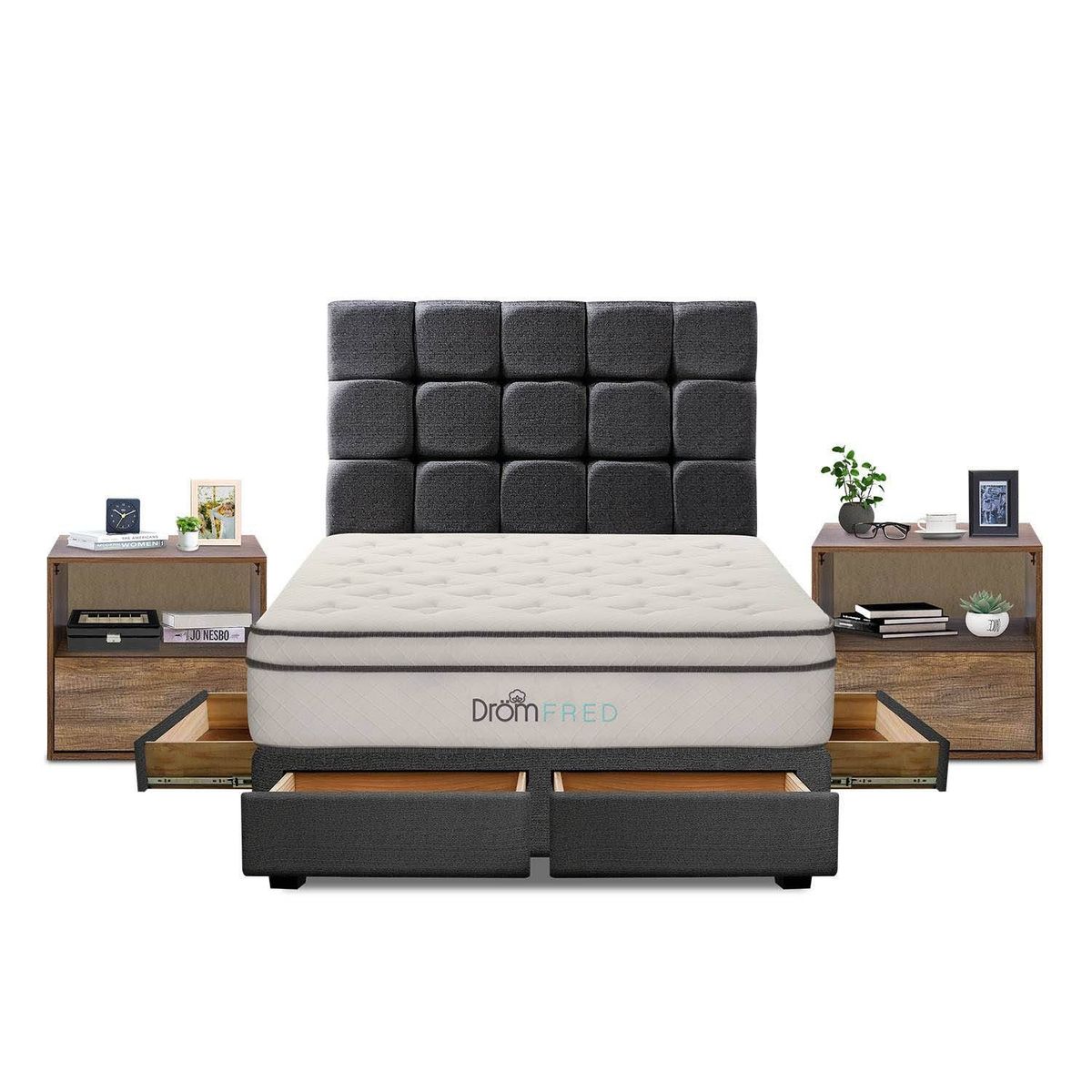 DROM - Dormitorio con Cajones Fred 2 Plz + 2 Veladores + 2 Almohadas Viscoelásticas + Protector