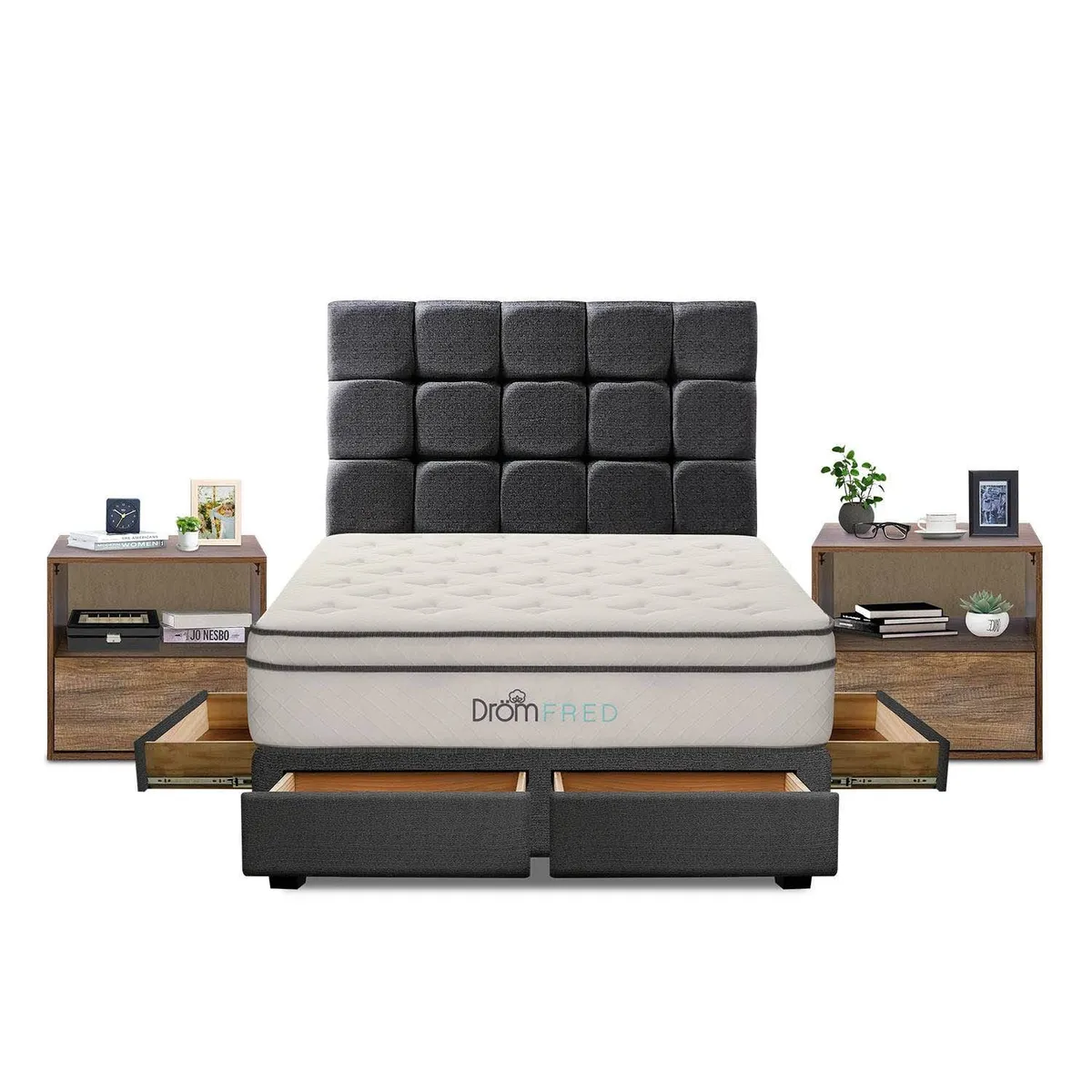 DROM - Dormitorio con Cajones Fred 2 Plz + 2 Veladores + 2 Almohadas Viscoelásticas + Protector