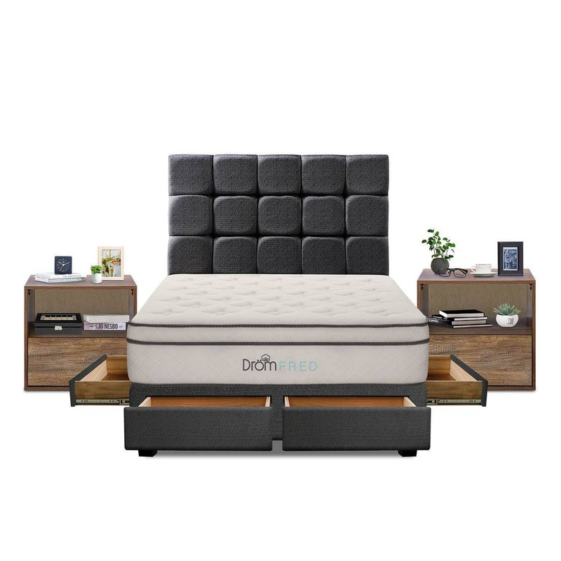 DROM - Dormitorio con Cajones Fred 2 Plz + 2 Veladores + 2 Almohadas Viscoelásticas + Protector