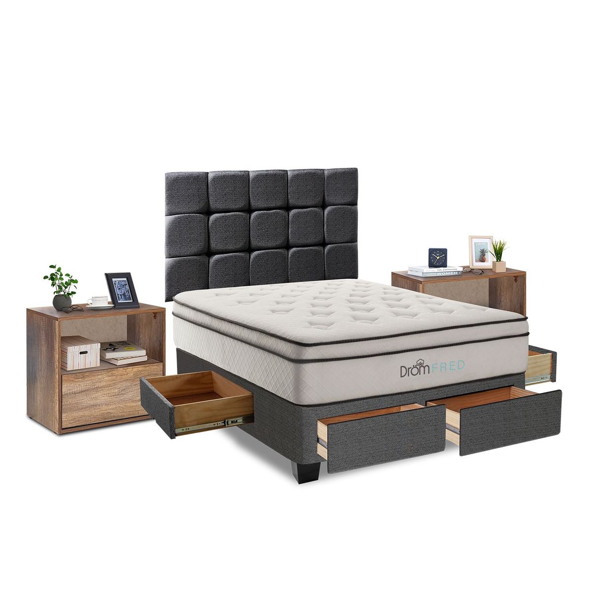DROM - Dormitorio con Cajones Fred 2 Plz + 2 Veladores + 2 Almohadas Viscoelásticas + Protector