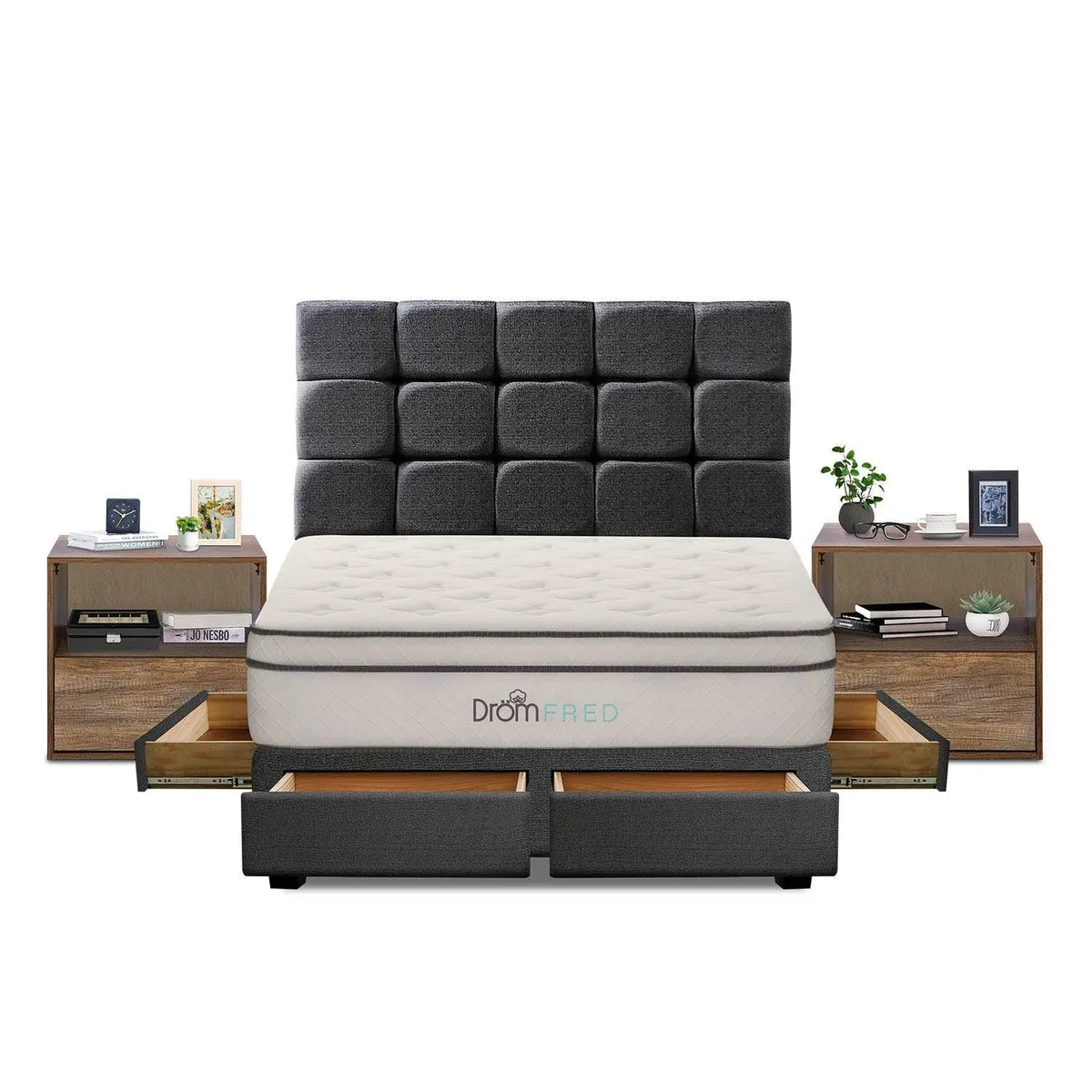 DROM - Dormitorio con Cajones Fred King + 2 Veladores + 2 Almohadas Viscoelásticas + Protector