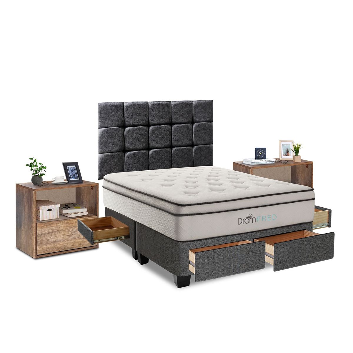 DROM - Dormitorio con Cajones Fred King + 2 Veladores + 2 Almohadas Viscoelásticas + Protector