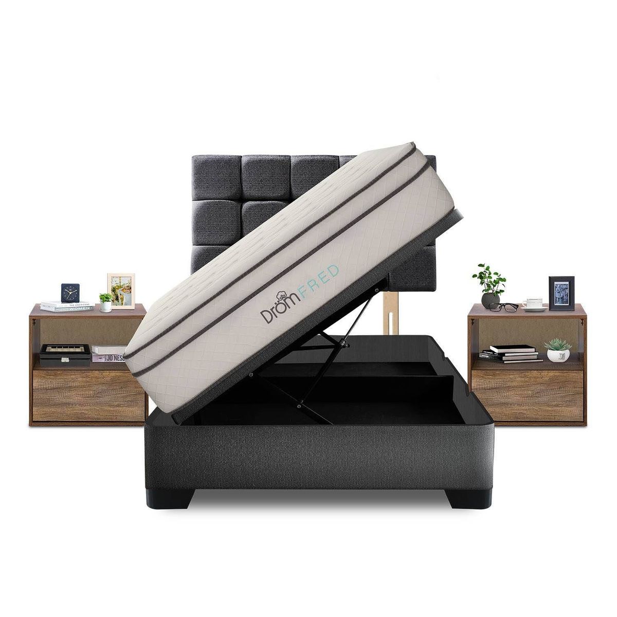 DROM - Dormitorio Boxet Fred 2 Plz + 2 Veladores + 2 Almohadas Viscoelásticas + Protector