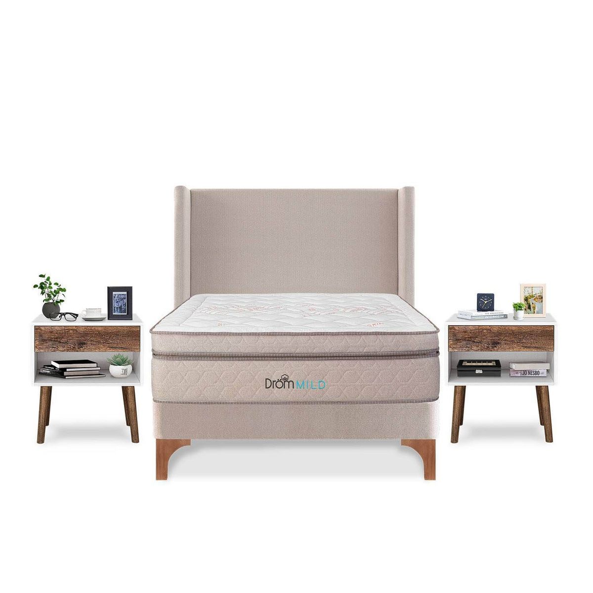 DROM - Dormitorio Europeo Mild 2 Plz + 2 Veladores Luxe + 2 Almohadas Viscoelásticas + Protector