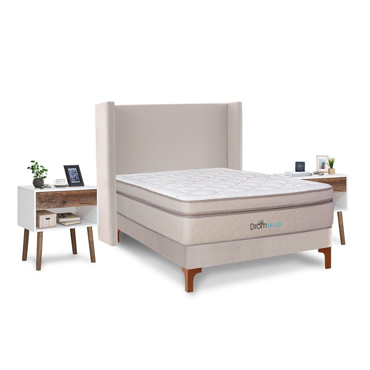 DROM - Dormitorio Europeo Mild 2 Plz + 2 Veladores Luxe + 2 Almohadas Viscoelásticas + Protector