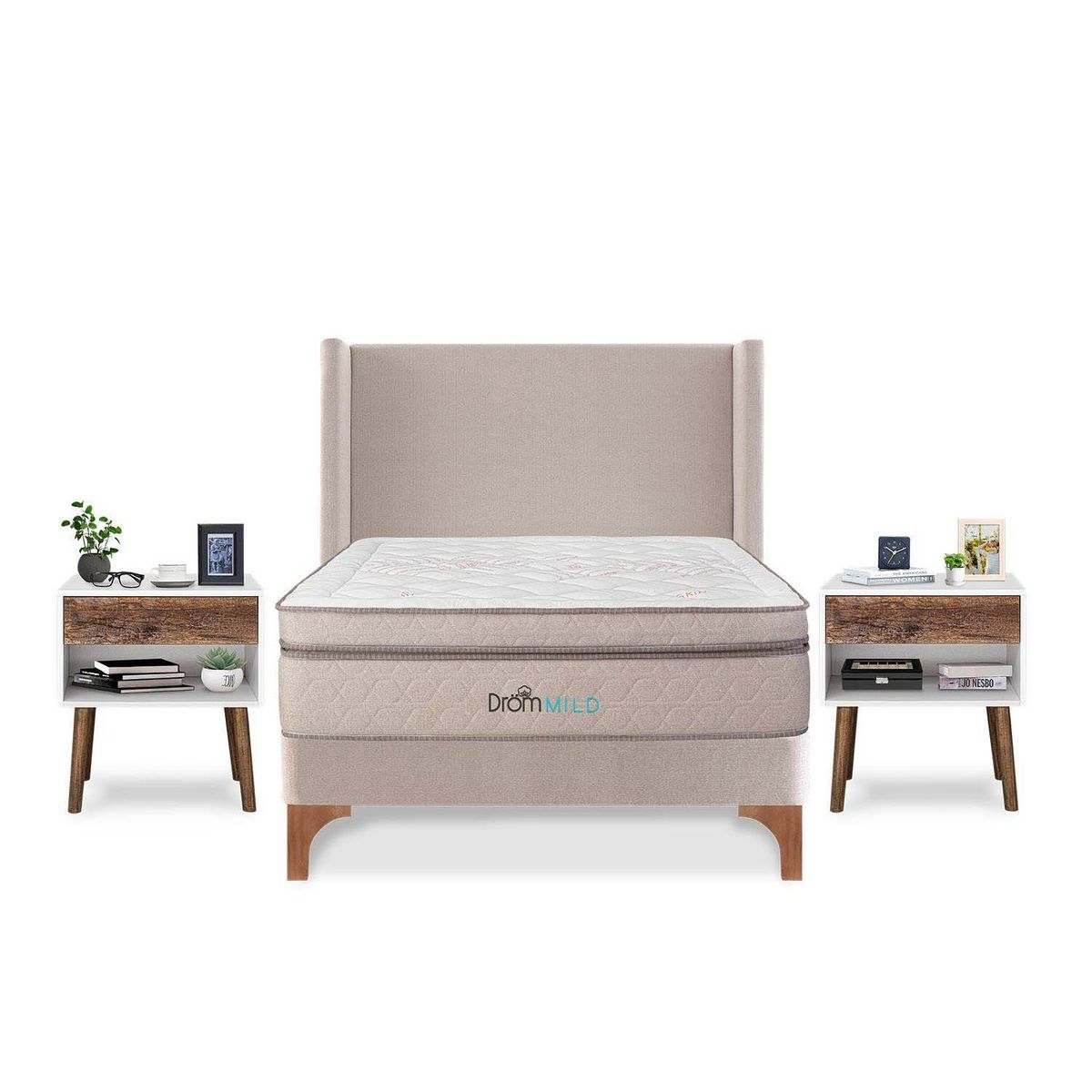 DROM - Dormitorio Europeo Mild King + 2 Almohadas Viscoelásticas y Protector + 2 Veladores