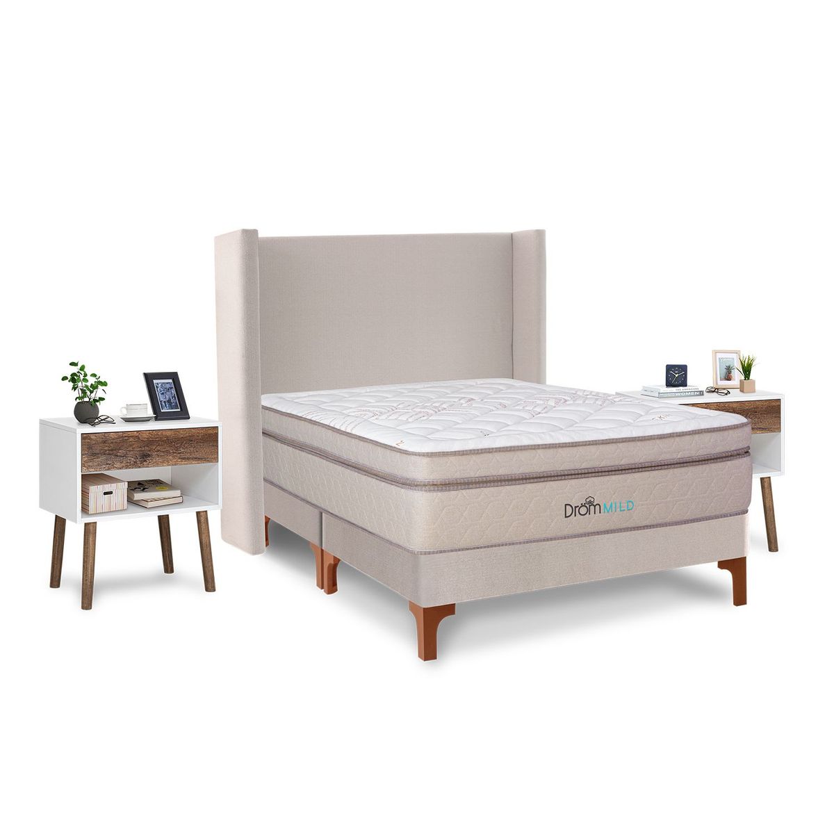 DROM - Dormitorio Europeo Mild King + 2 Almohadas Viscoelásticas y Protector + 2 Veladores