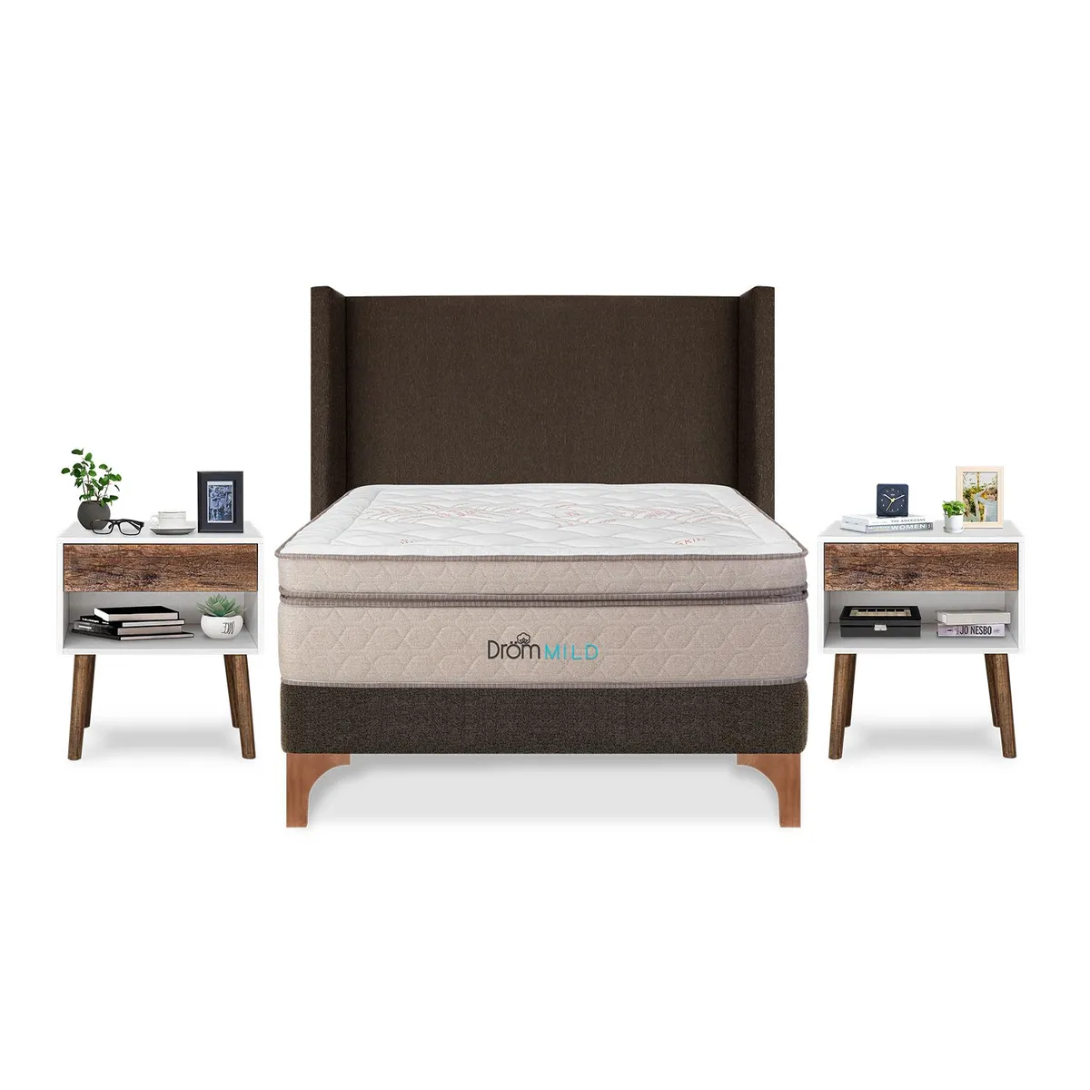 DROM - Dormitorio Europeo Mild Queen + 2 Veladores + 2 Almohadas Viscoelásticas y Protector