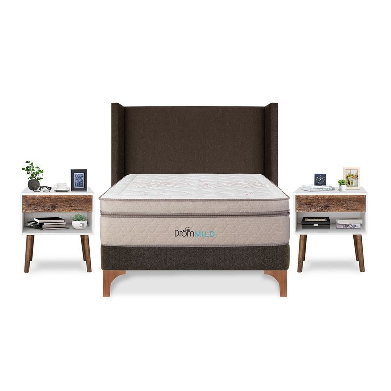 DROM - Dormitorio Europeo Mild Queen + 2 Veladores Luxe + 2 Almohadas Viscoelásticas + Protector