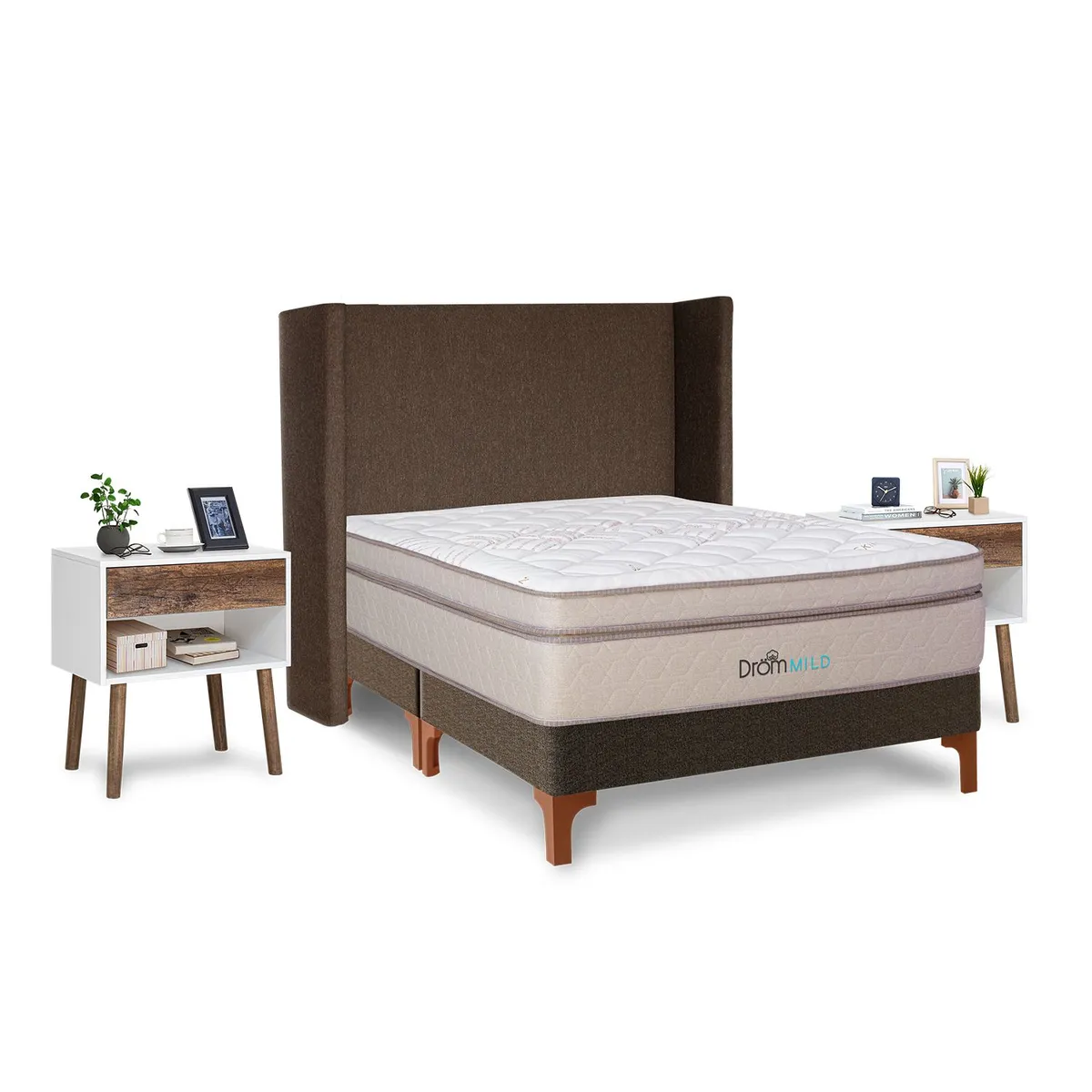 DROM - Dormitorio Europeo Mild King + 2 Veladores Luxe + 2 Almohadas Viscoelásticas + Protector