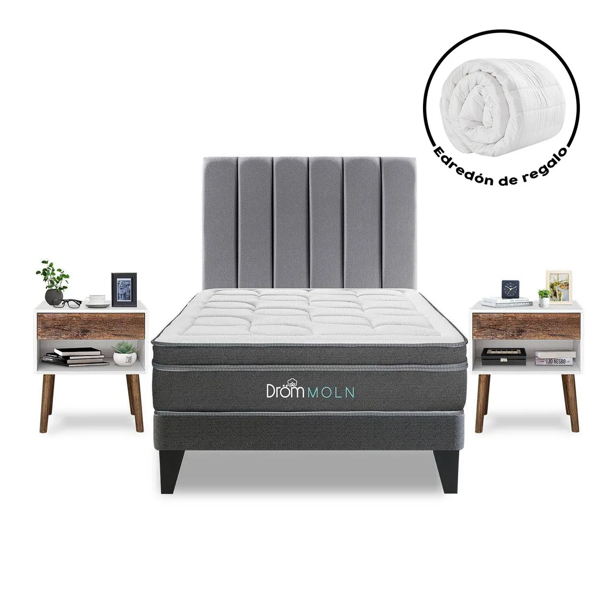 DROM - Dormitorio Europeo Moln 2 Plz + 2 Veladores Luxe + 2 Almohadas Viscoelásticas + Protector