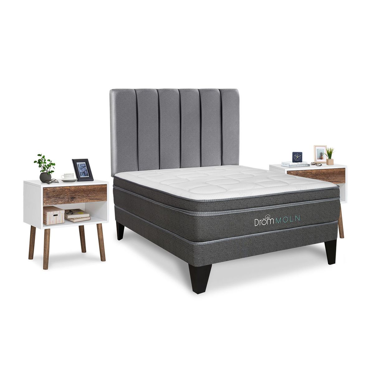 DROM - Dormitorio Europeo Moln 2 Plz + 2 Veladores Luxe + 2 Almohadas Viscoelásticas + Protector