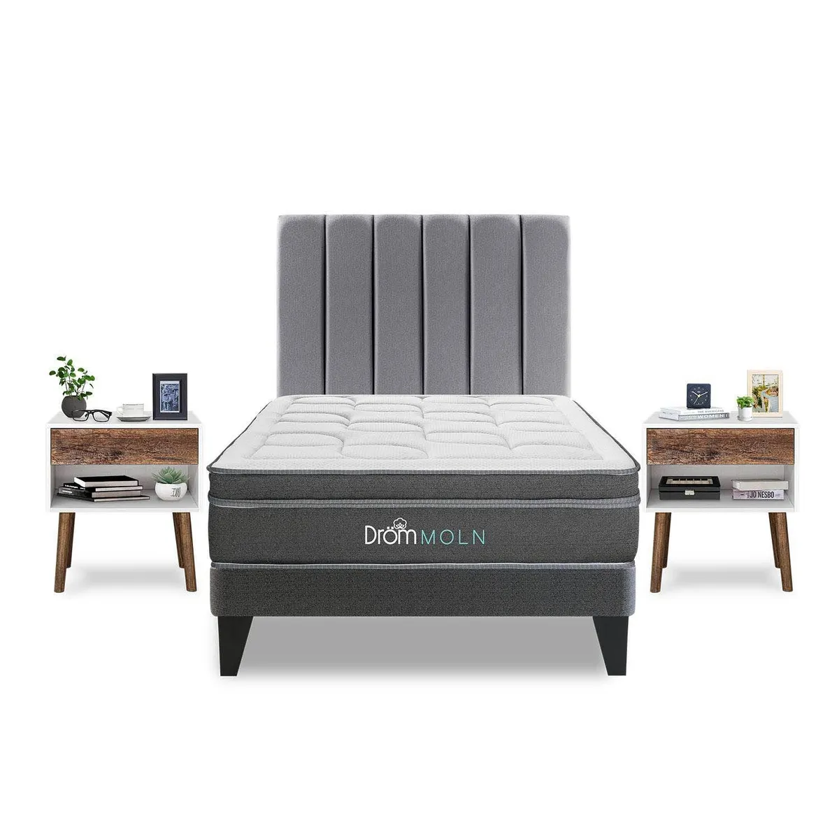 DROM - Dormitorio Europeo Moln Queen + 2 Veladores Luxe + 2 Almohadas Viscoelásticas + Protector