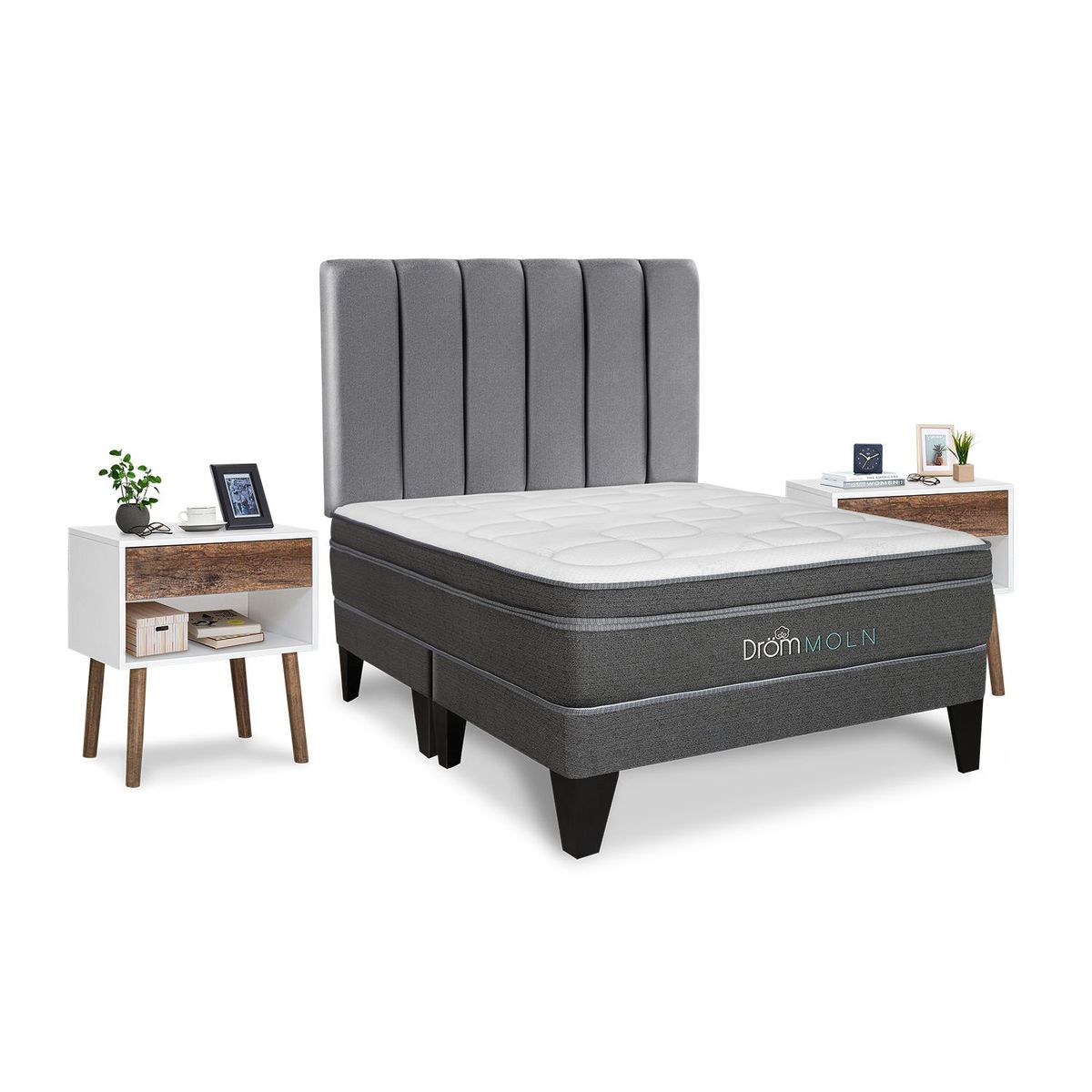 DROM - Dormitorio Europeo Moln Queen + 2 Veladores Luxe + 2 Almohadas Viscoelásticas + Protector