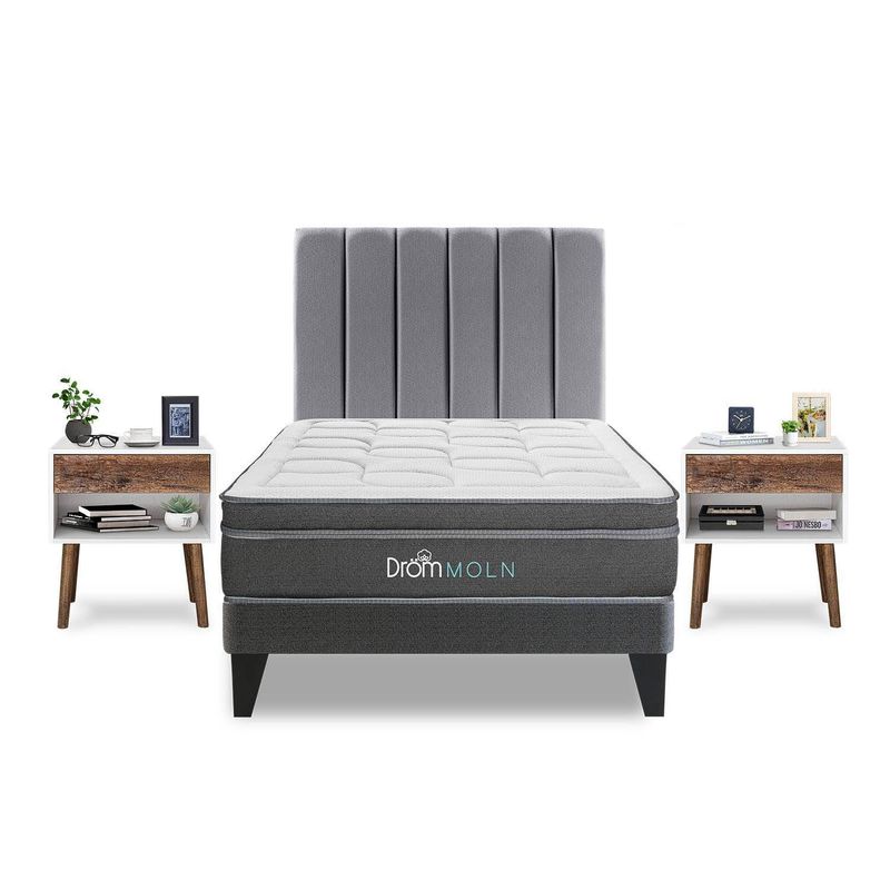 DROM - Dormitorio Europeo Moln King + 2 Veladores Luxe + 2 Almohadas Viscoelásticas + Protector