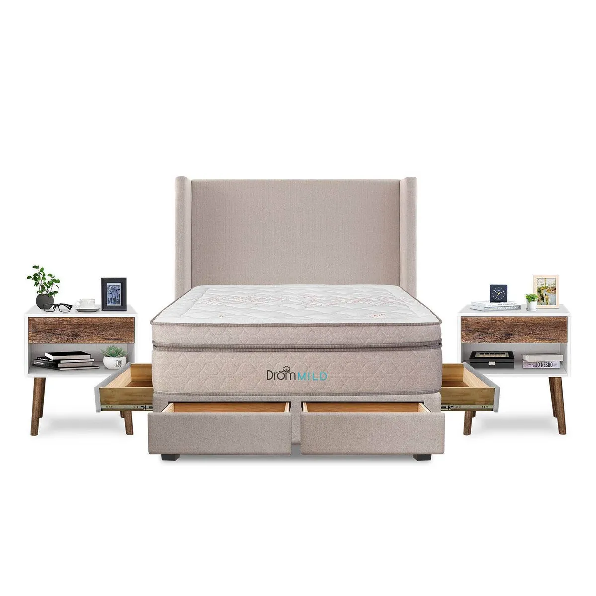 DROM - Dormitorio con Cajones Mild 2 Plz + 2 Veladores Luxe + 2 Almohadas Viscoelásticas + Protector
