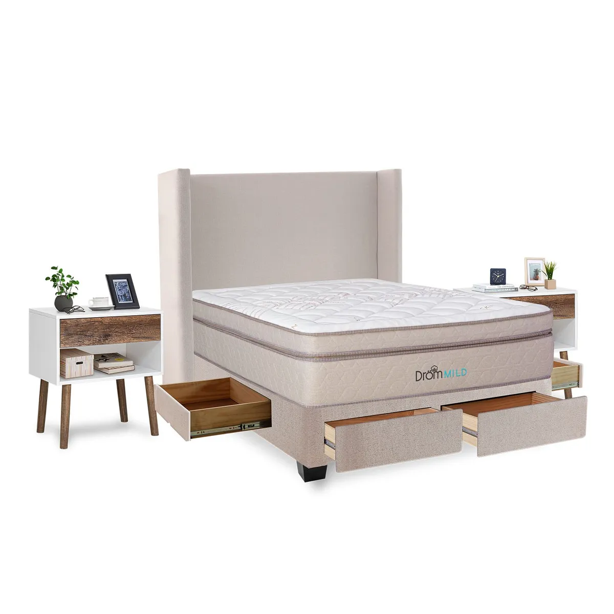 DROM - Dormitorio con Cajones Mild 2 Plz + 2 Veladores Luxe + 2 Almohadas Viscoelásticas + Protector