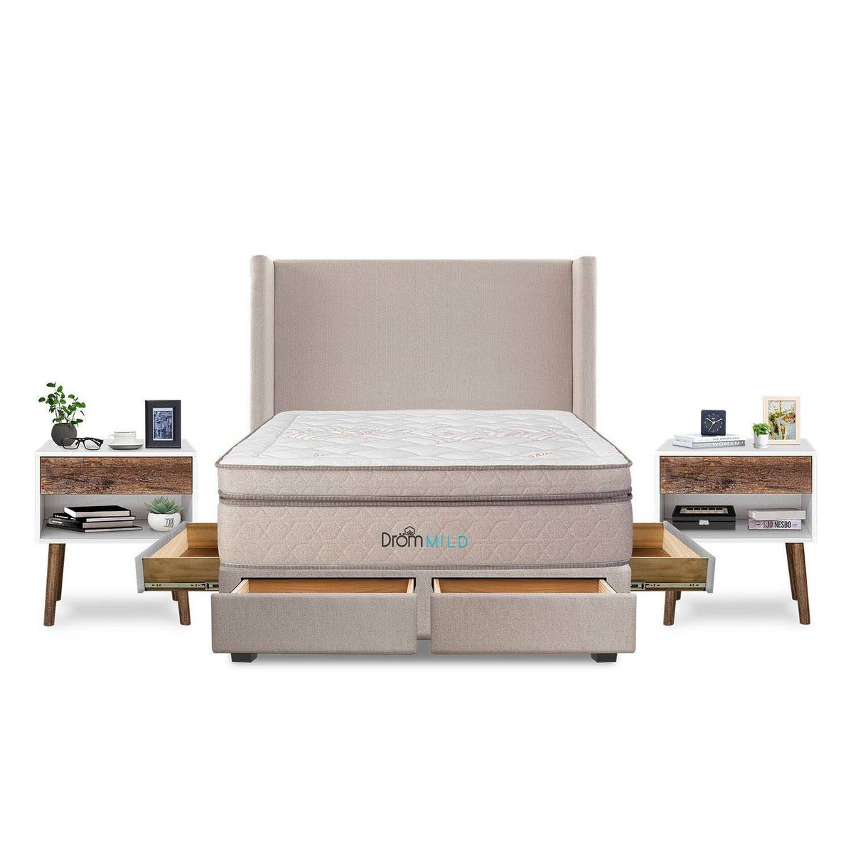 DROM - Dormitorio con Cajones Mild Queen + 2 Almohadas Viscoelásticas y Protector + 2 Almohadas Viscoelásticas y Protector + 2 Veladores