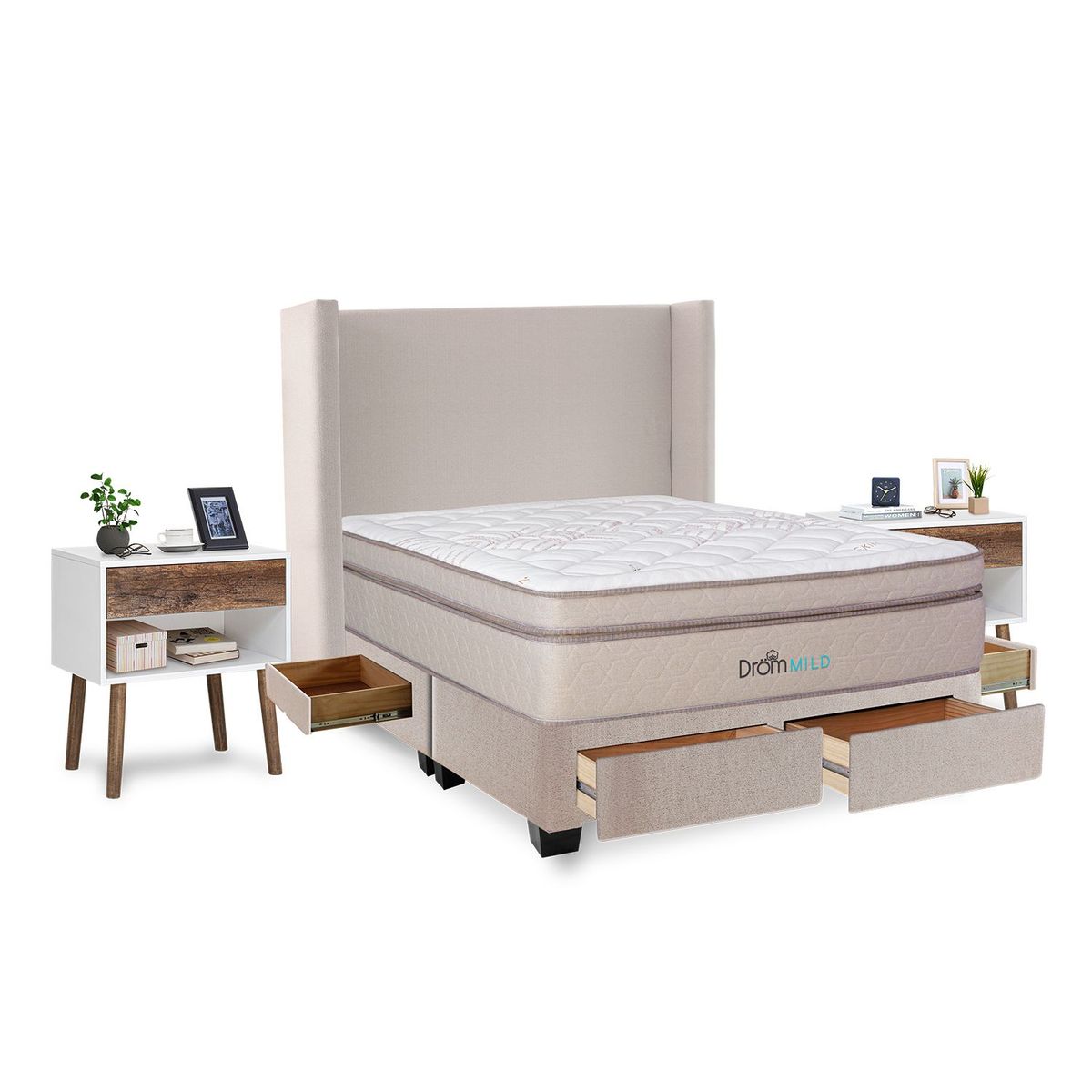 DROM - Dormitorio con Cajones Mild Queen + 2 Almohadas Viscoelásticas y Protector + 2 Almohadas Viscoelásticas y Protector + 2 Veladores