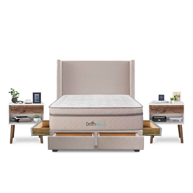 DROM - Dormitorio con Cajones Mild King + 2 Veladores Luxe + 2 Almohadas Viscoelásticas + Protector