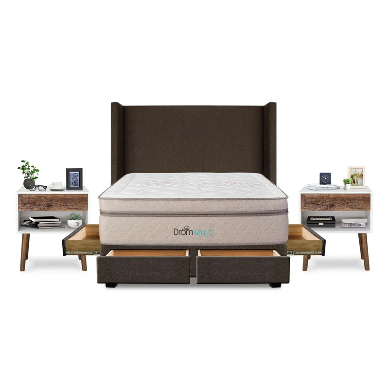 DROM - Dormitorio con Cajones Mild 2 Plz + 2 Veladores Luxe + 2 Almohadas Viscoelásticas + Protector