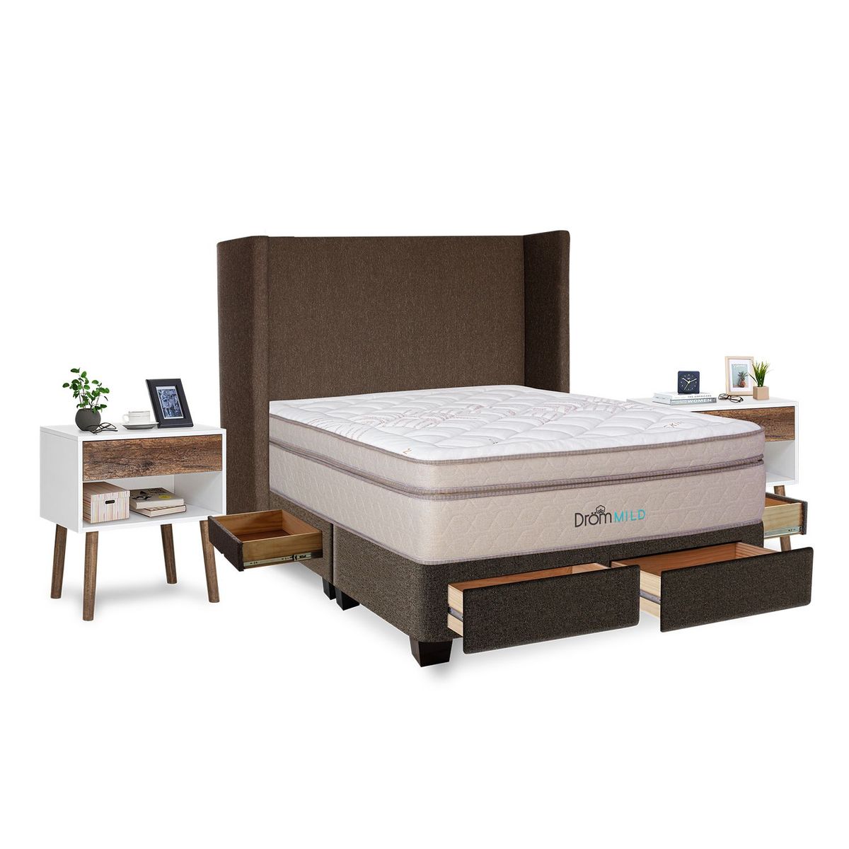 DROM - Dormitorio con Cajones Mild King + 2 Almohadas Viscoelásticas y Protector + 2 Veladores