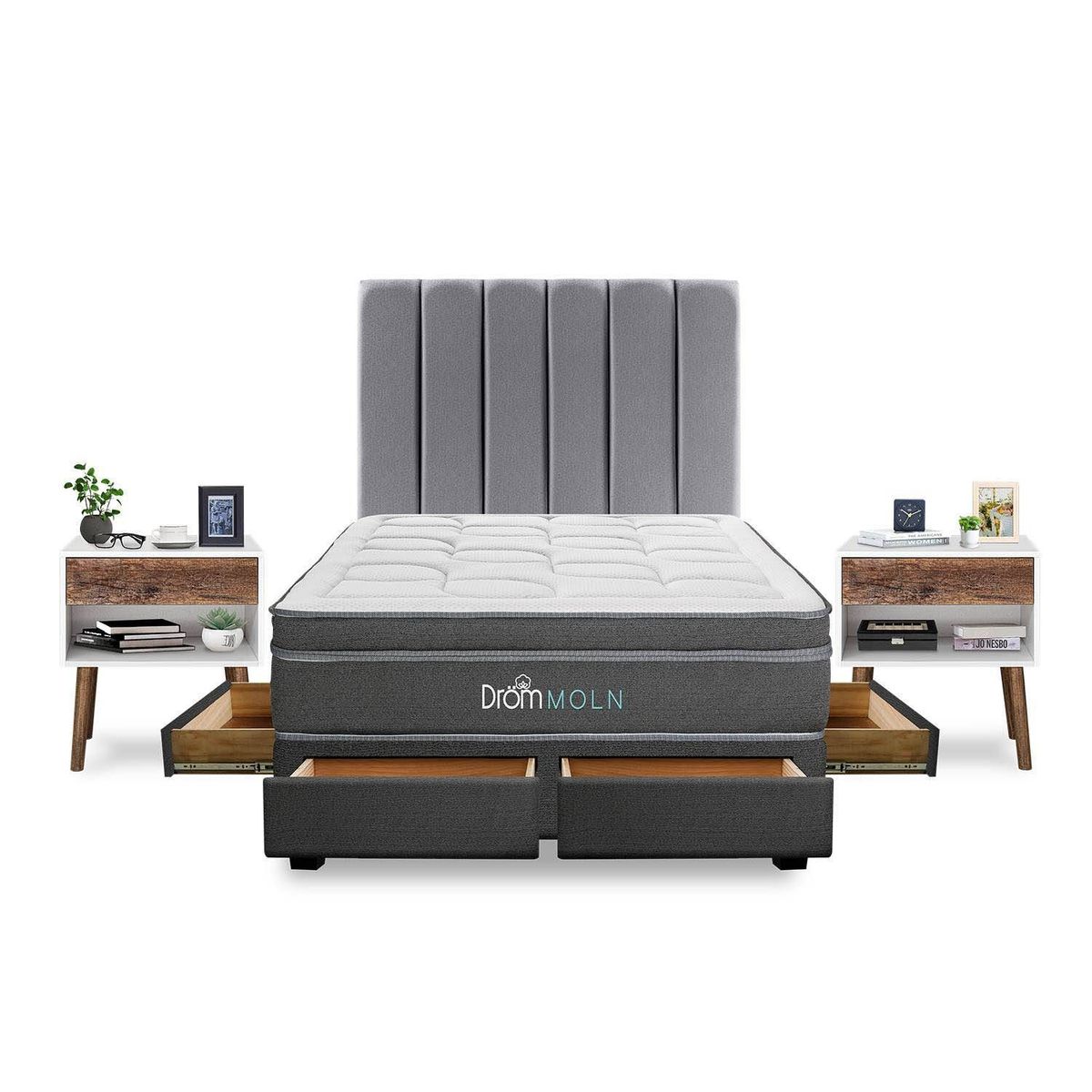 DROM - Dormitorio con Cajones Moln 2 Plz + 2 Veladores Luxe + 2 Almohadas Viscoelásticas + Protector