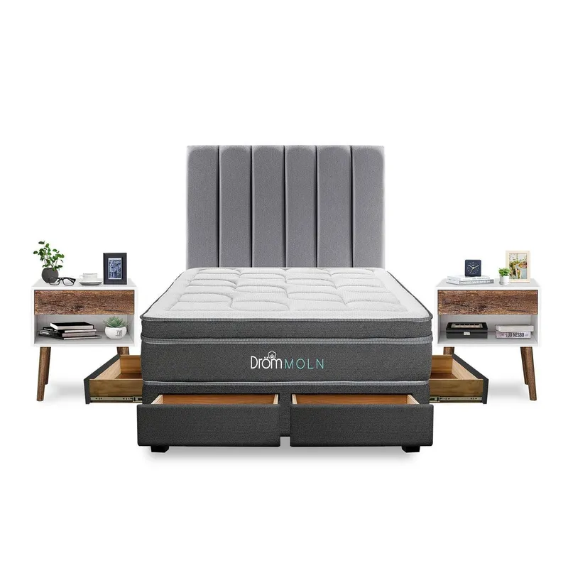 DROM - Dormitorio con Cajones Moln 2 Plz + 2 Veladores Luxe + 2 Almohadas Viscoelásticas + Protector