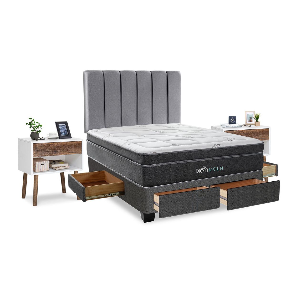 DROM - Dormitorio con Cajones Moln 2 Plz + 2 Veladores Luxe + 2 Almohadas Viscoelásticas + Protector