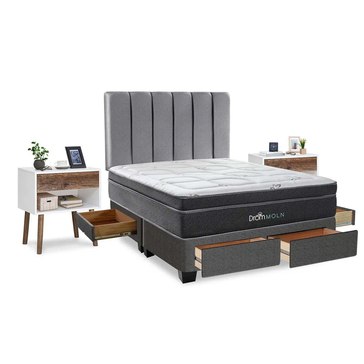 DROM - Dormitorio con Cajones Moln Queen + 2 Veladores Luxe + 2 Almohadas Viscoelásticas + Protector