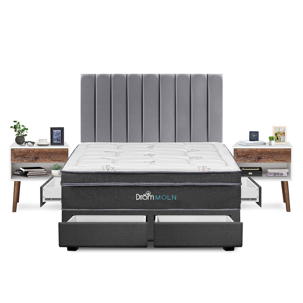 DROM - Dormitorio con Cajones Moln King + 2 Almohadas Viscoelásticas y Protector + 2 Veladores