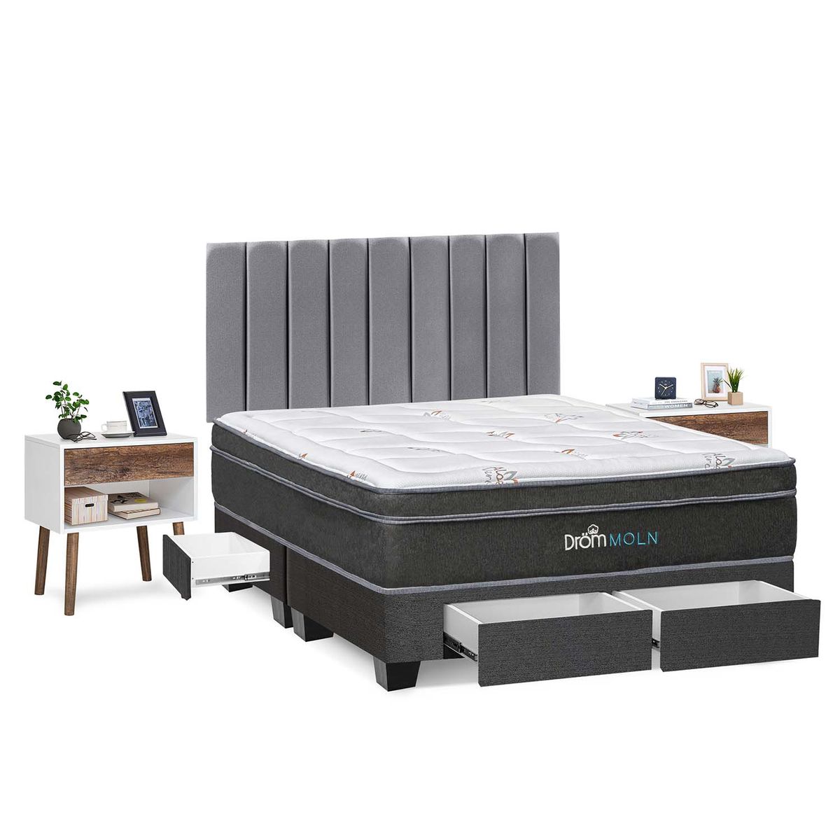 DROM - Dormitorio con Cajones Moln King + 2 Almohadas Viscoelásticas y Protector + 2 Veladores