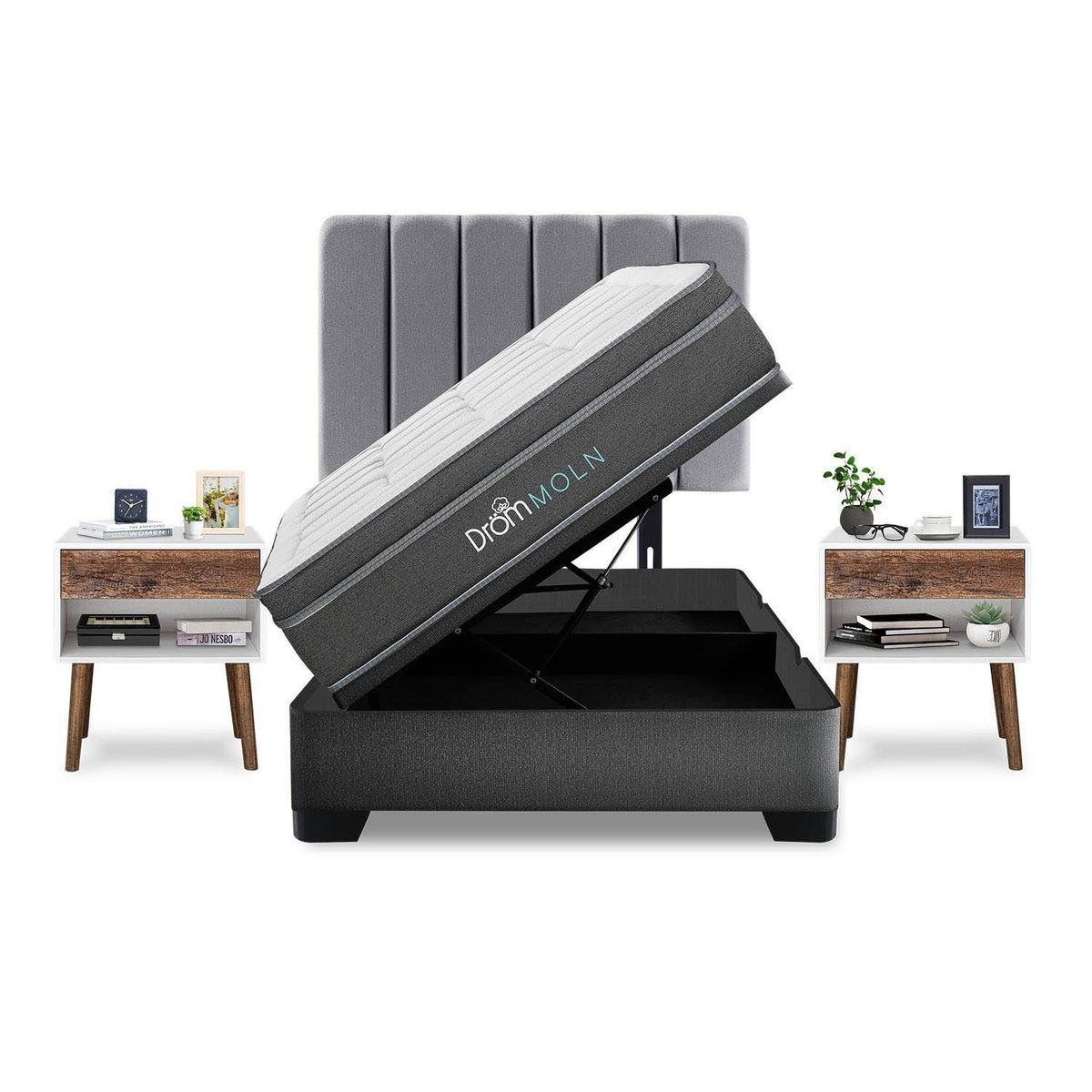 DROM - Dormitorio Boxet Moln 2plz + 2 Veladores + 2 Almohadas Viscoelásticas y Protector