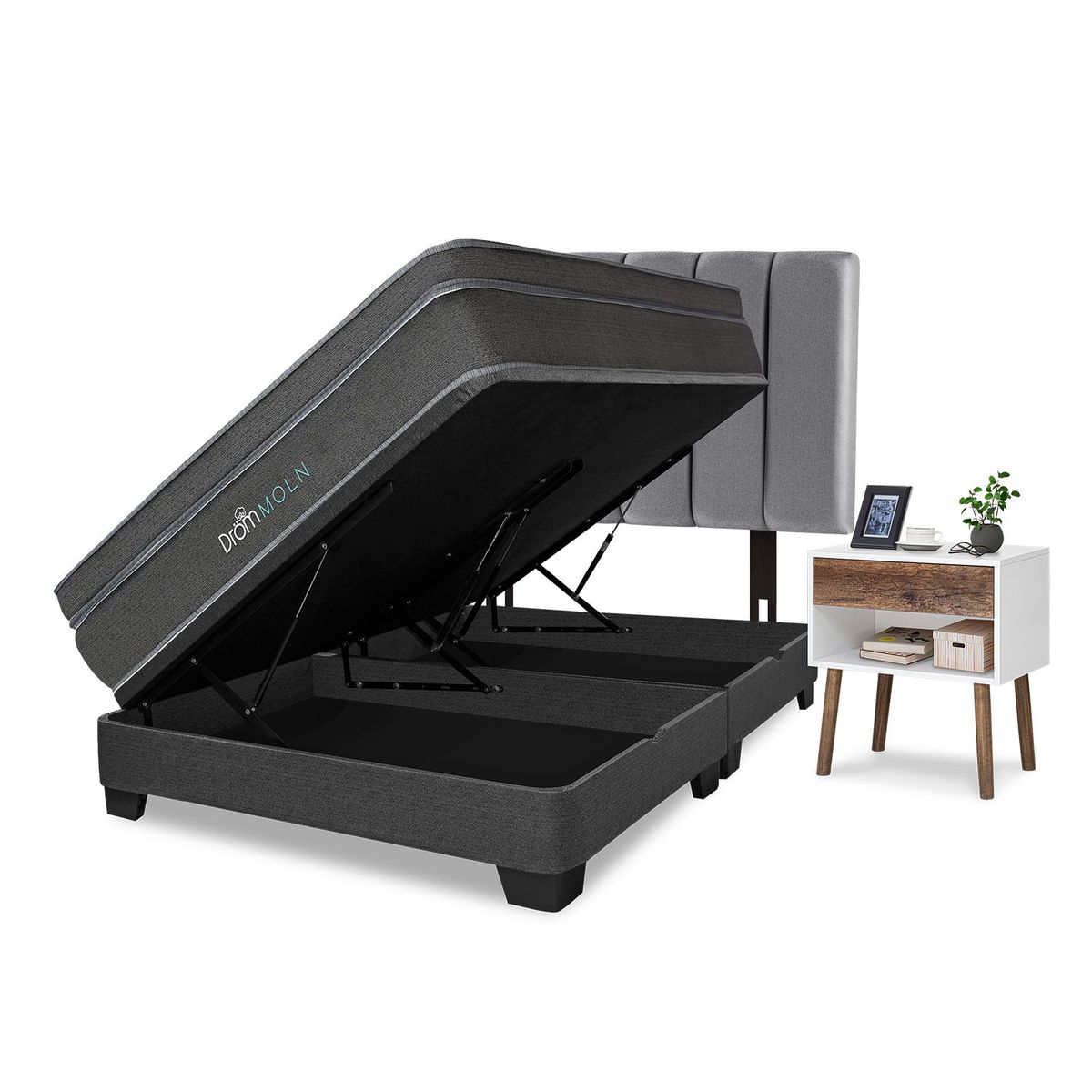 DROM - Dormitorio Boxet Moln 2plz + 2 Veladores + 2 Almohadas Viscoelásticas y Protector