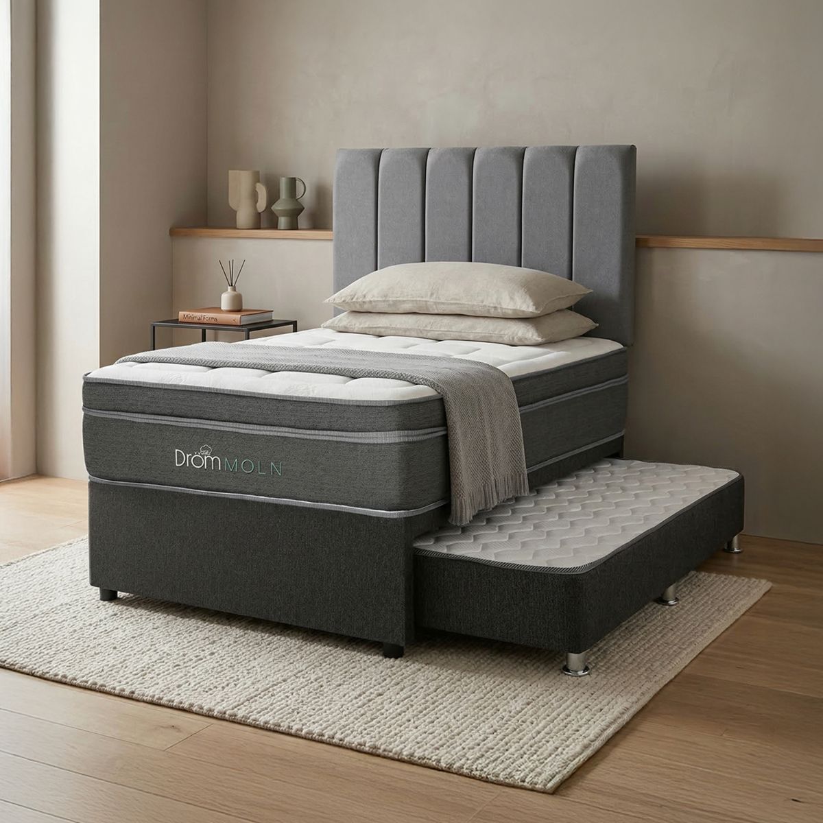 DROM - Dormitorio Divan Moln 1.5 Plz + 1 Almohada Viscoelástica y Protector