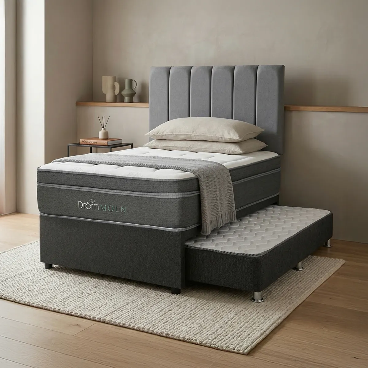 DROM - Dormitorio Divan Moln 1.5 Plz + 1 Almohada Viscoelástica y Protector