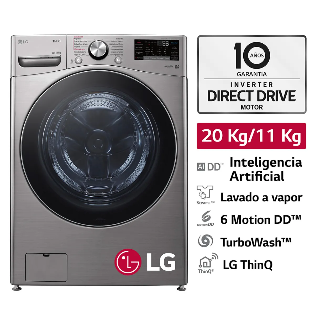 LG - Lavaseca WD20VV2S6R 20/11Kg AI DD Carga Frontal Plateada LG