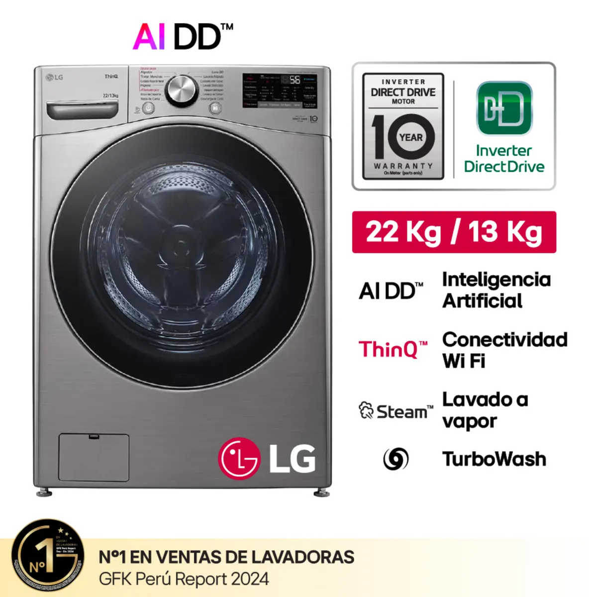 LG - Lavaseca WD22VV2S6R 22/13kg AI DD Carga Frontal Plateada LG