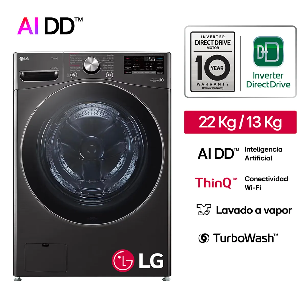 LG - Lavaseca WD22BV2S6R 22/13Kg AI DD Carga Frontal Negra LG