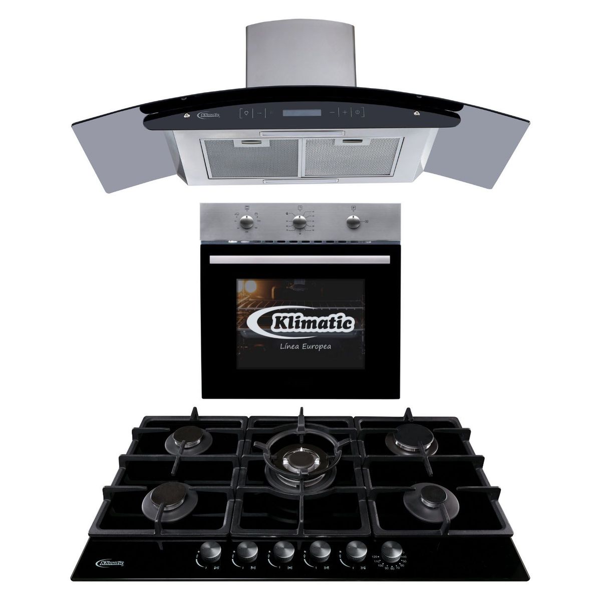 KLIMATIC - Combo Encimera a Gas Trevi 90+Campana Decorativa Venezia IX C+ Horno a Gas Lubeck BC