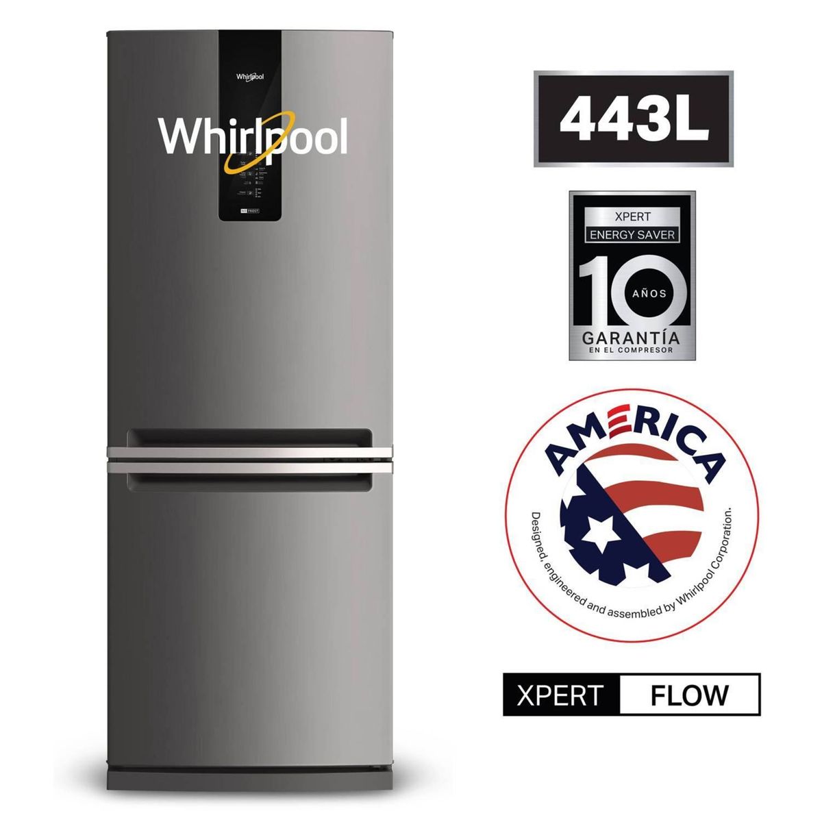 WHIRLPOOL - Refrigeradora Whirlpool Congelador Inferior 443 Lts WRE57AKBPE  Gris