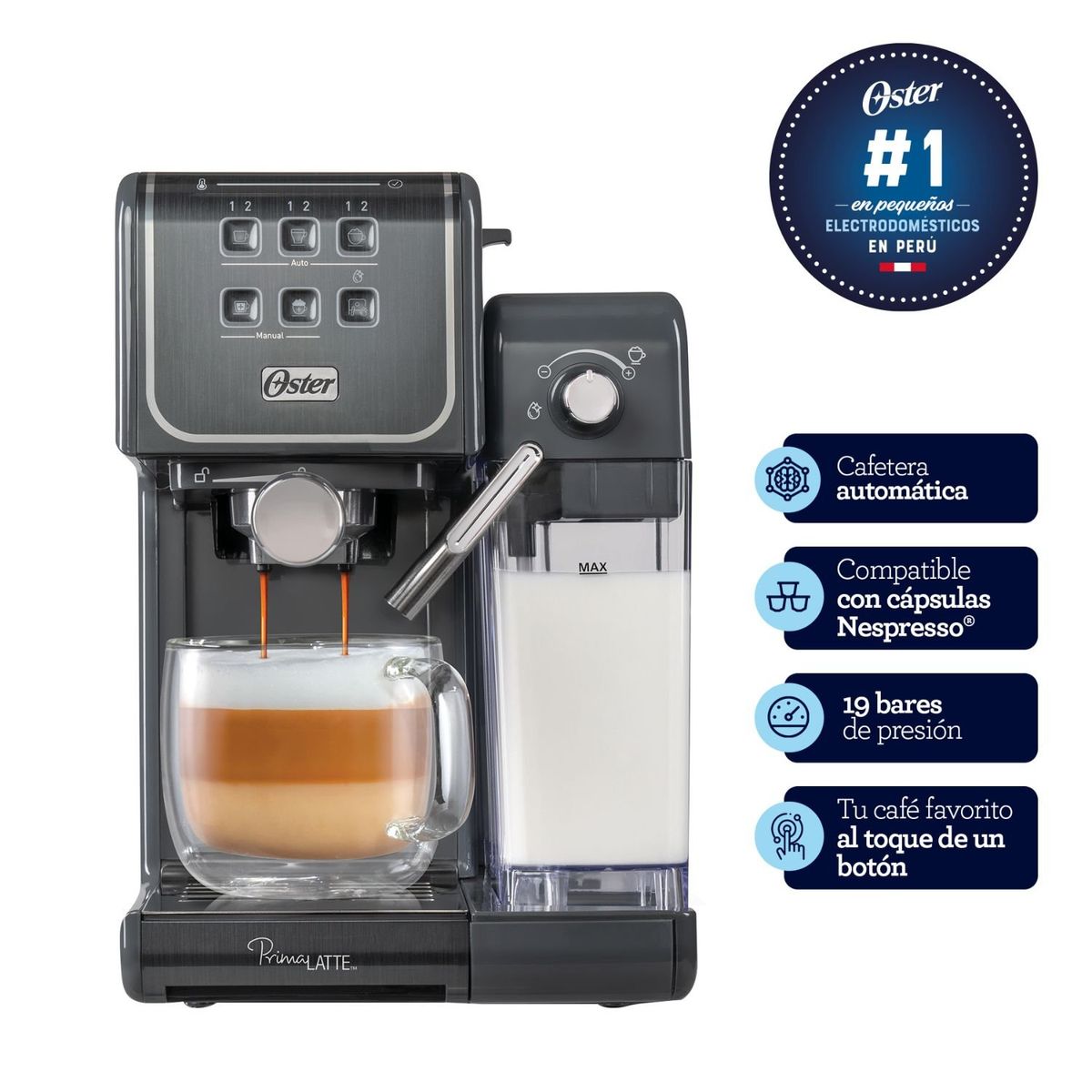 OSTER - Cafetera Automática PrimaLatte Touch 19 bares