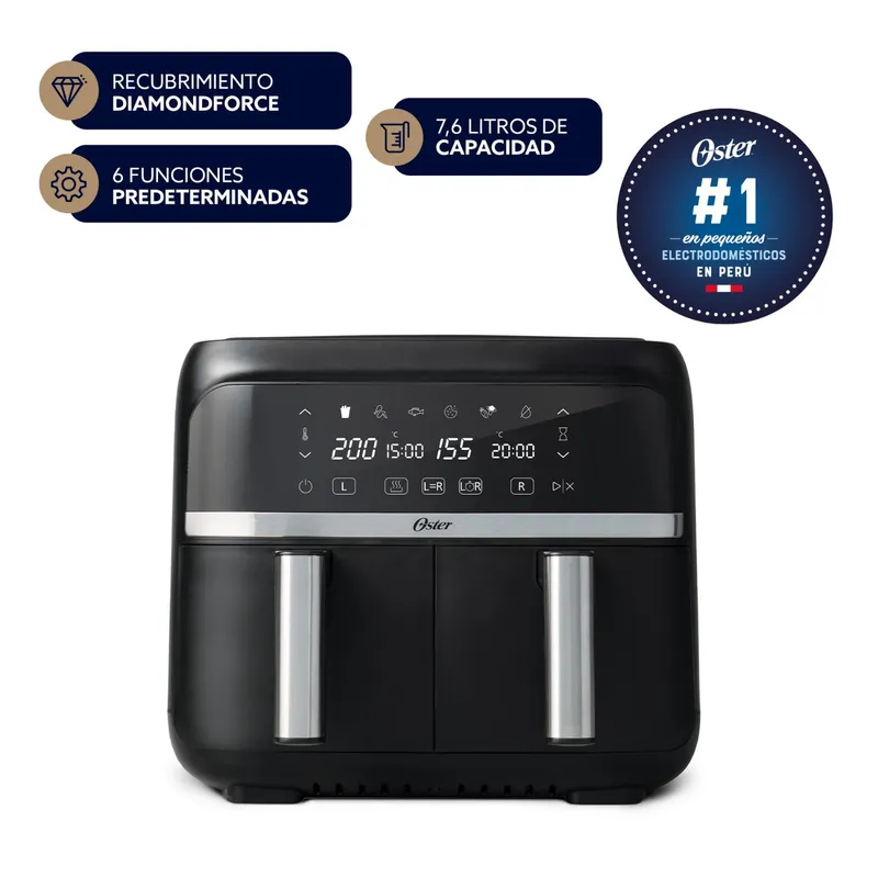 OSTER - Freidora de Aire Dual Oster 7.6 L Digital con recubrimiento DiamondForce CKSTAF7