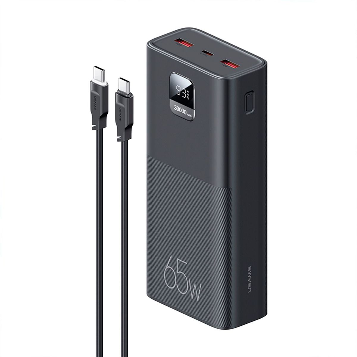 USAMS - Bateria portatil 30,000 mAh QC3.0 & PD 65W + Cable Type-C a Type-C PD 100W 1.2m Negro