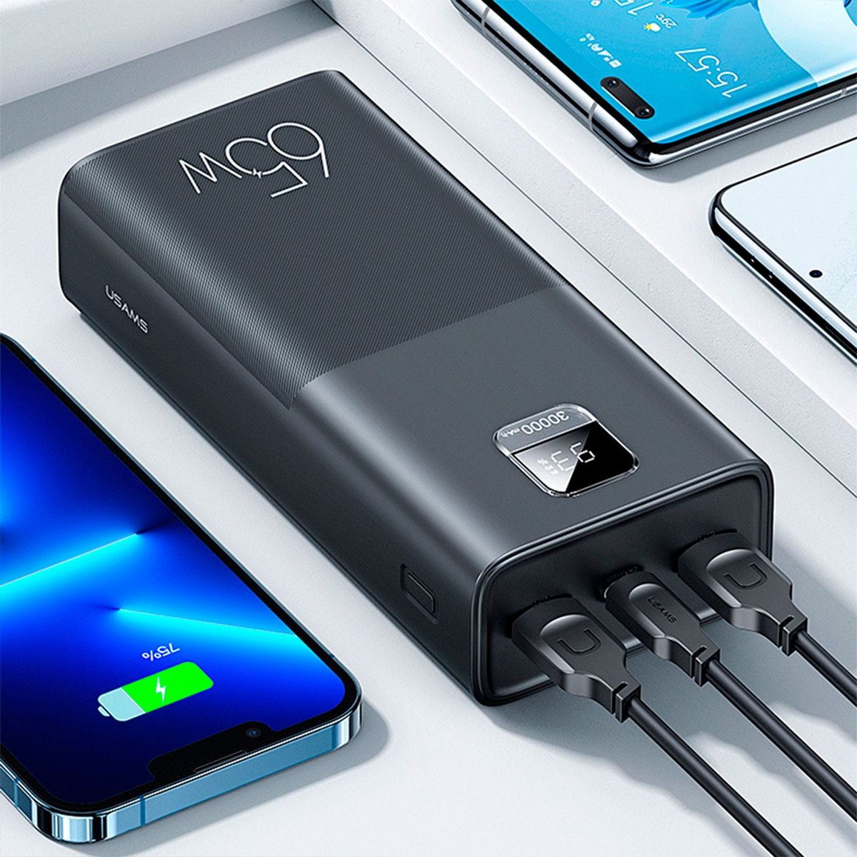 USAMS - Bateria portatil 30,000 mAh QC3.0 & PD 65W + Cable Type-C a Type-C PD 100W 1.2m Negro
