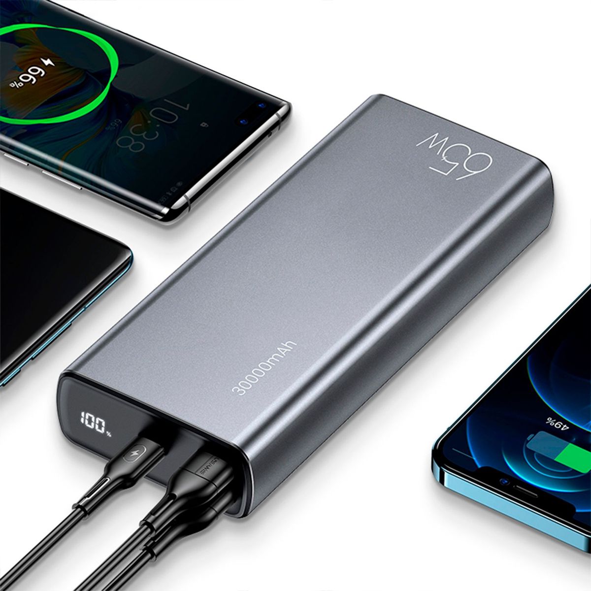 USAMS - Bateria portatil 30,000 mAh QC3.0 & PD 65W + Cable Type-C a Type-C PD 100W 1.2m Acero