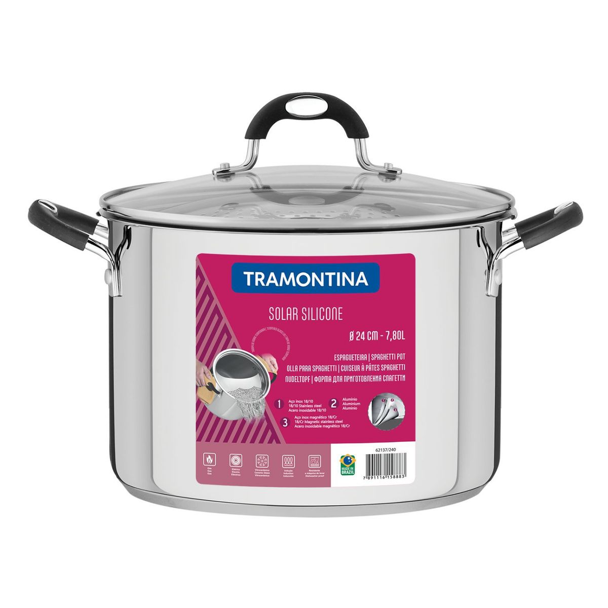 TRAMONTINA - Olla Espaguetera Acero Inoxidable Astro Silicone 24 cm 7.8 Lt